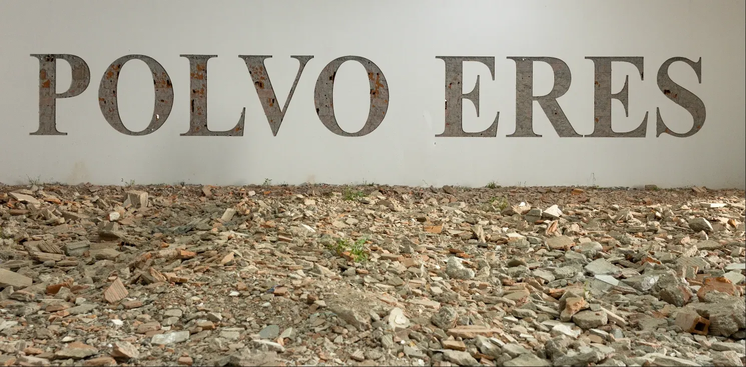 Polvo eres — detail of the installation at the Coltabaco Building, BIAM 2025